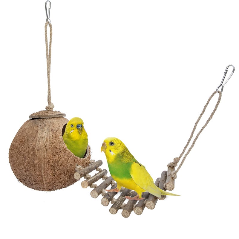 Niteangel Natural Coconut Hideaway with Ladder, Bird and Small Animal Toy (House with Ladder, Natural Surface) - Image 1